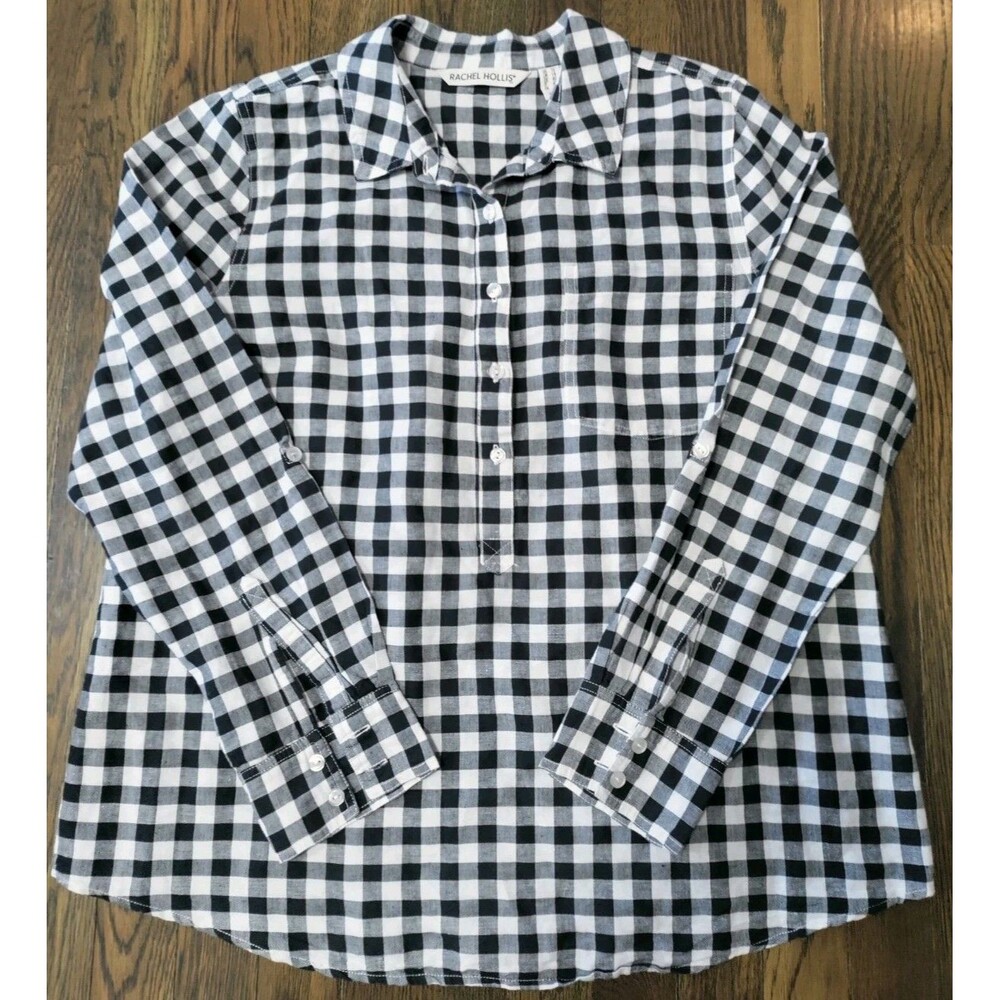 Rachel Hollis Women's Black White Checkered Linen Cotton Blend Top, Size Med 10